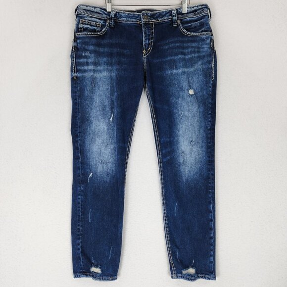 Silver Jeans Womens 33 Blue Sam Boyfriend Mid Rise Dark Wash Distressed Denim - Picture 1 of 13